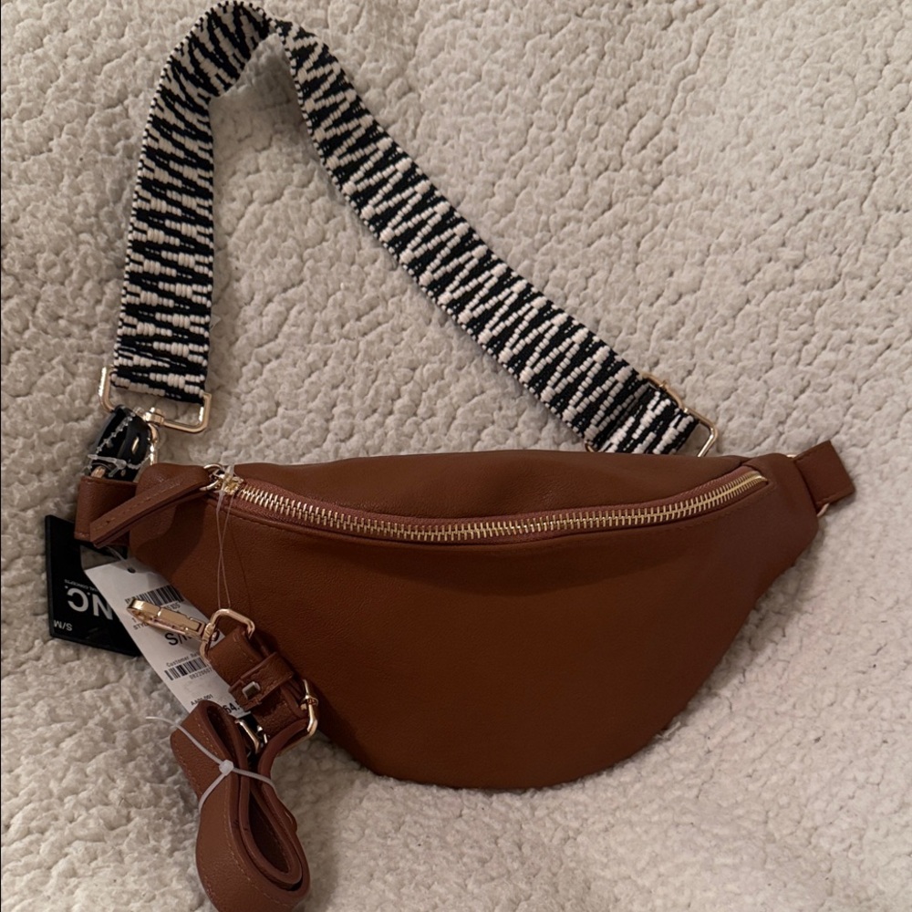 I.N.C Brown Belt Bag with Patterned Strap Crossbody Shoulder Bag R13B
